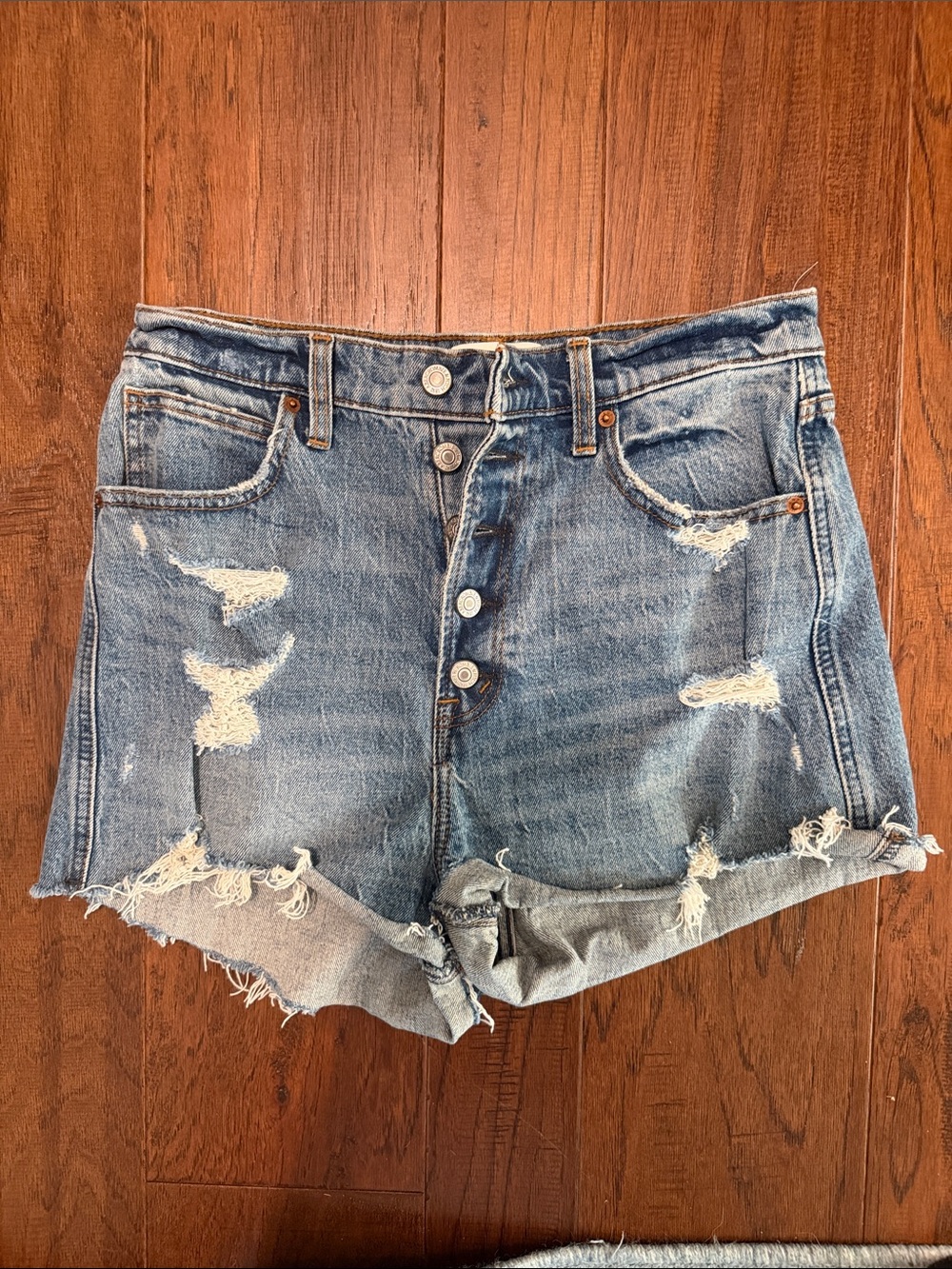 Abercrombie & Fitch High Rise Mom Shorts Button-Fly Denim Shorts - Blue